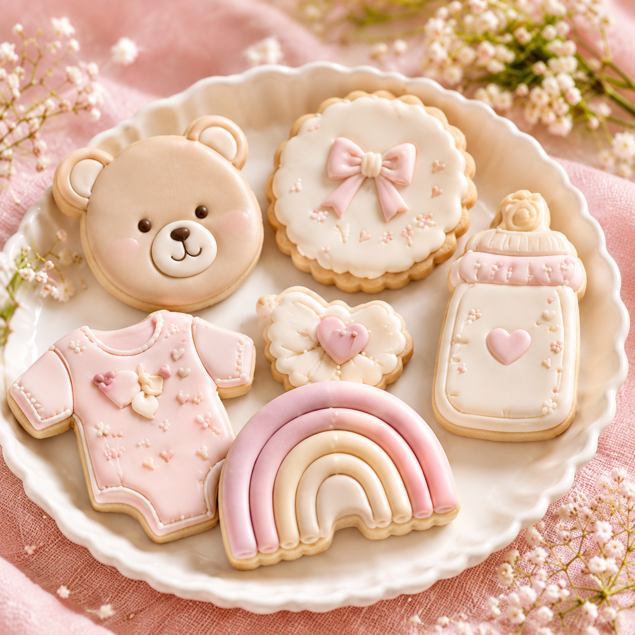 Roze en crèmekleurige babykoekjes op een bord