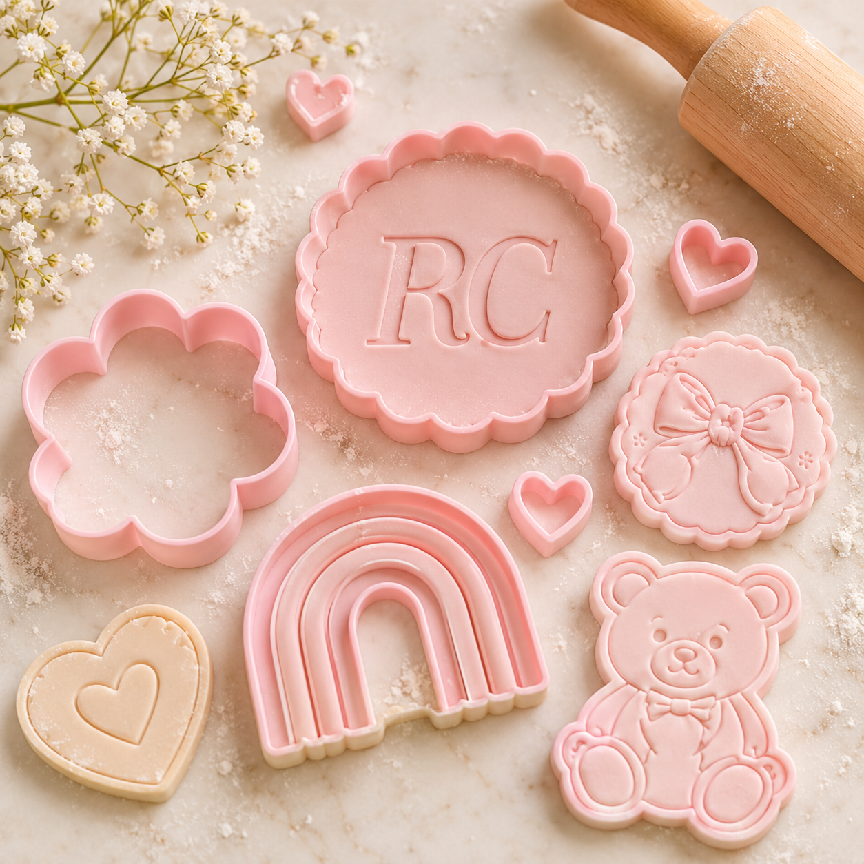 Roze RC-uitstekers en stempels met een deegroller