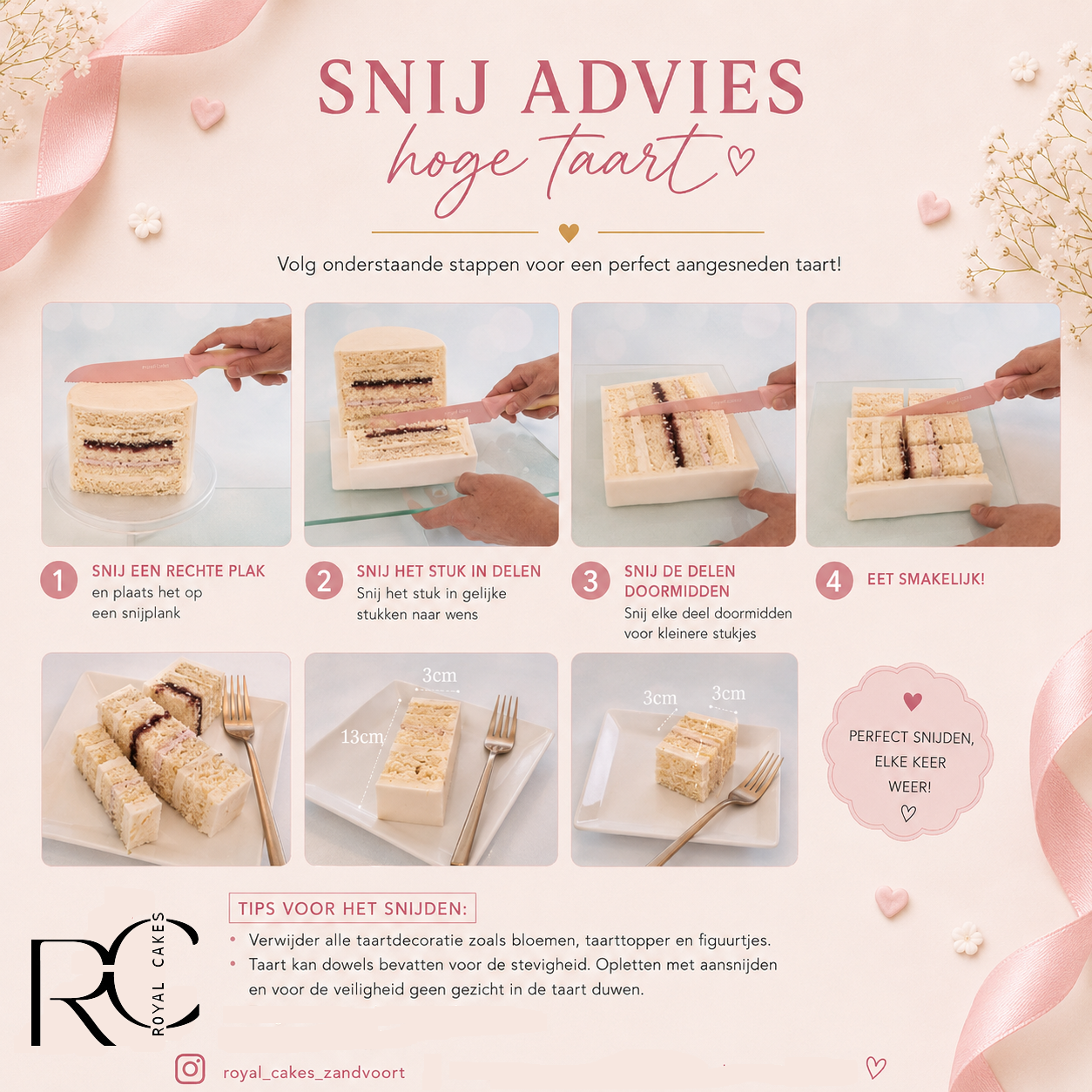 Origineel Royal Cakes snijadvies met vier stappen, portiematen en veiligheidsinformatie